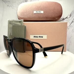 New MIU MIU Sunglasses MU B01S 16K90Q Black Brown Lens Oversized Pillow Square